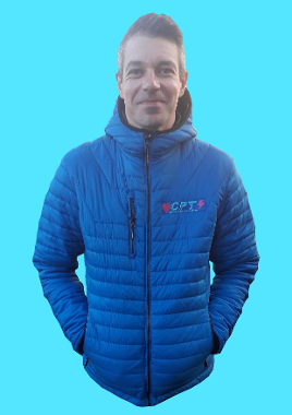Richard Rollinson models the CPT Cycling embroidered winter down jacket.